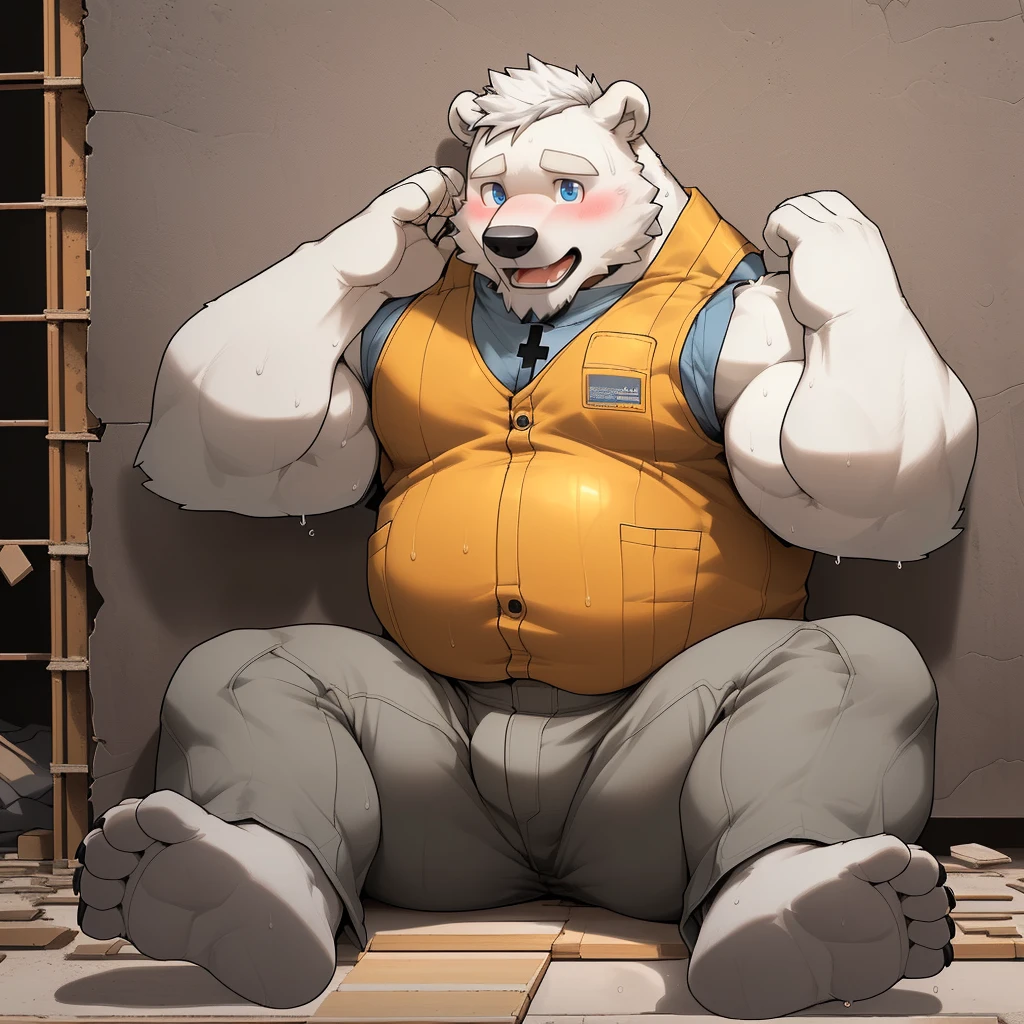 masterpiece, best quality, 8k resolution, Very detailed, hairy，(((polar bear))，(((Mature)))，(((Blue Eyes))，(((beard))),(((Strong)))，(((White hair all over body)))，(((portrait)))，(((White hair)))，(((Construction Site)))，For the audience，(((White sports vest))),(((Back against the wall)))，(((Open mouth)))，Highest quality scene，Solitary，solitary，(((whole body)))，(((Shameful)))，(((Blushing)))，((( Raise your hands))),(((Legs apart)))，(((sweaty)))，((Fat-enclosed muscle))，(((Round face)))，(((alone)))，(((Strong body)))，(((Hip bulge)))，((sit on the floor))，(((Sitting cross-legged)))，(((Grey loose trousers)))