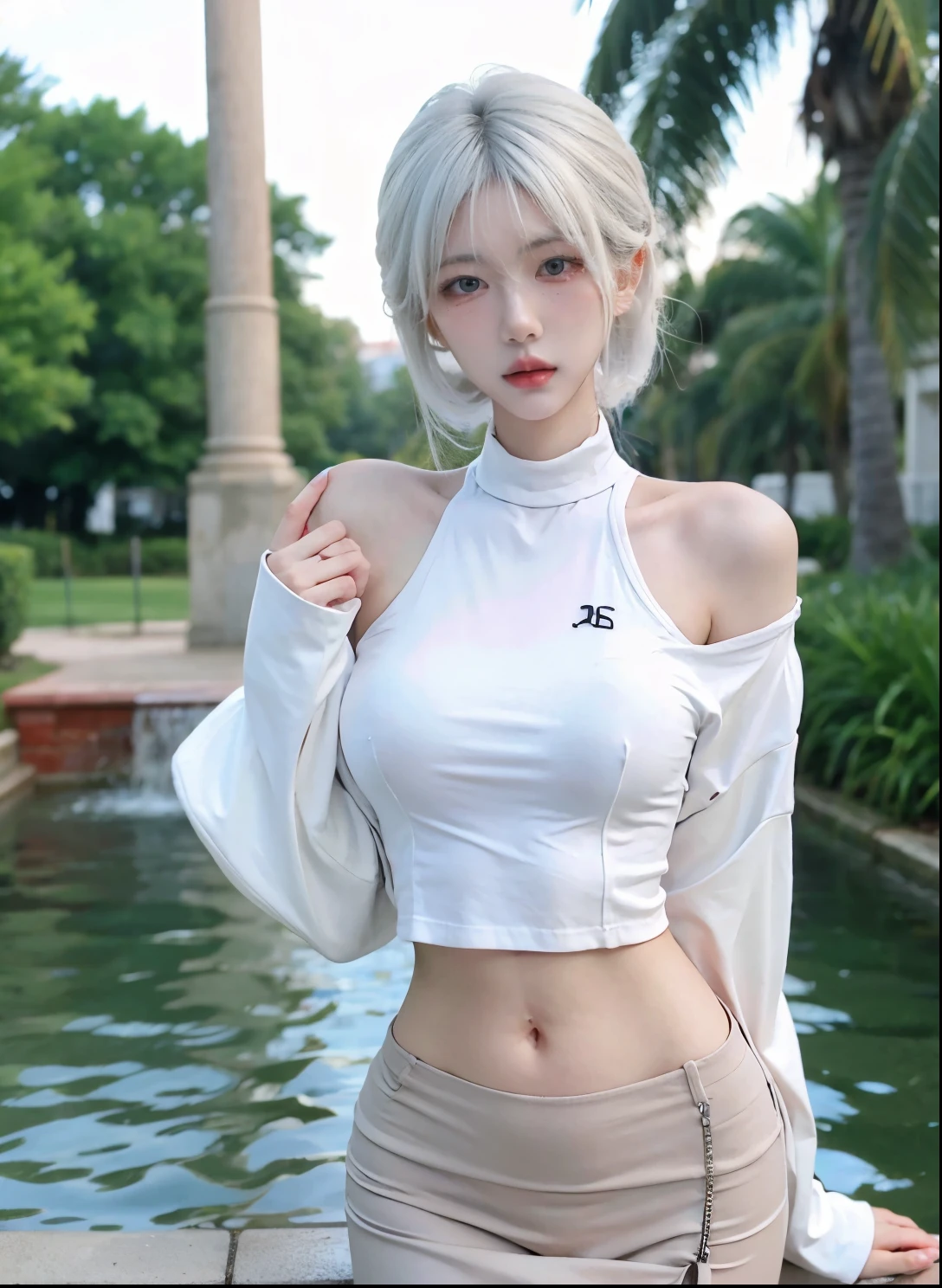 Beautiful woman with perfect figure:1.4，Ultra-high resolution，wear glasses，White背景，（lifelike：1.4），Layered Hairstyle，White皮肤，Super short pleated skirt，whole body，Very delicate face and skin texture，Double eyelids，Skin Whitening，Long hair，White hair，White，