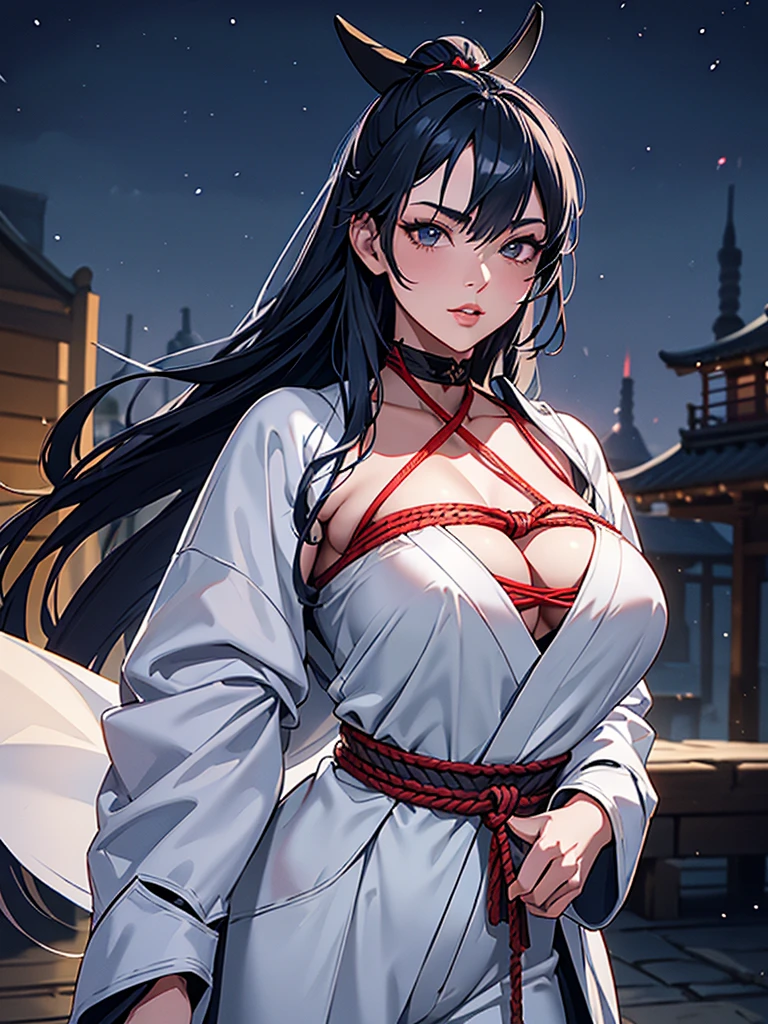 a female samurai, beautiful detailed eyes, beautiful detailed lips, extremely detailed face, long eyelashes, (katana swords behind hips:1.2),hyper realistic lighting,(super detailed:1.3),((best quality:1.2)),((masterpiece:1.2)),female focus,lonely beauty,detailed face,detailed lips,(nighttime:1.6),(standing in a medieval europe castletown),(eclipse),cowboy shot,cleavage,((shibari across bare breasts:1.125)),topknot,muted dark blue hair,white samurai coat,black samurai (pants)