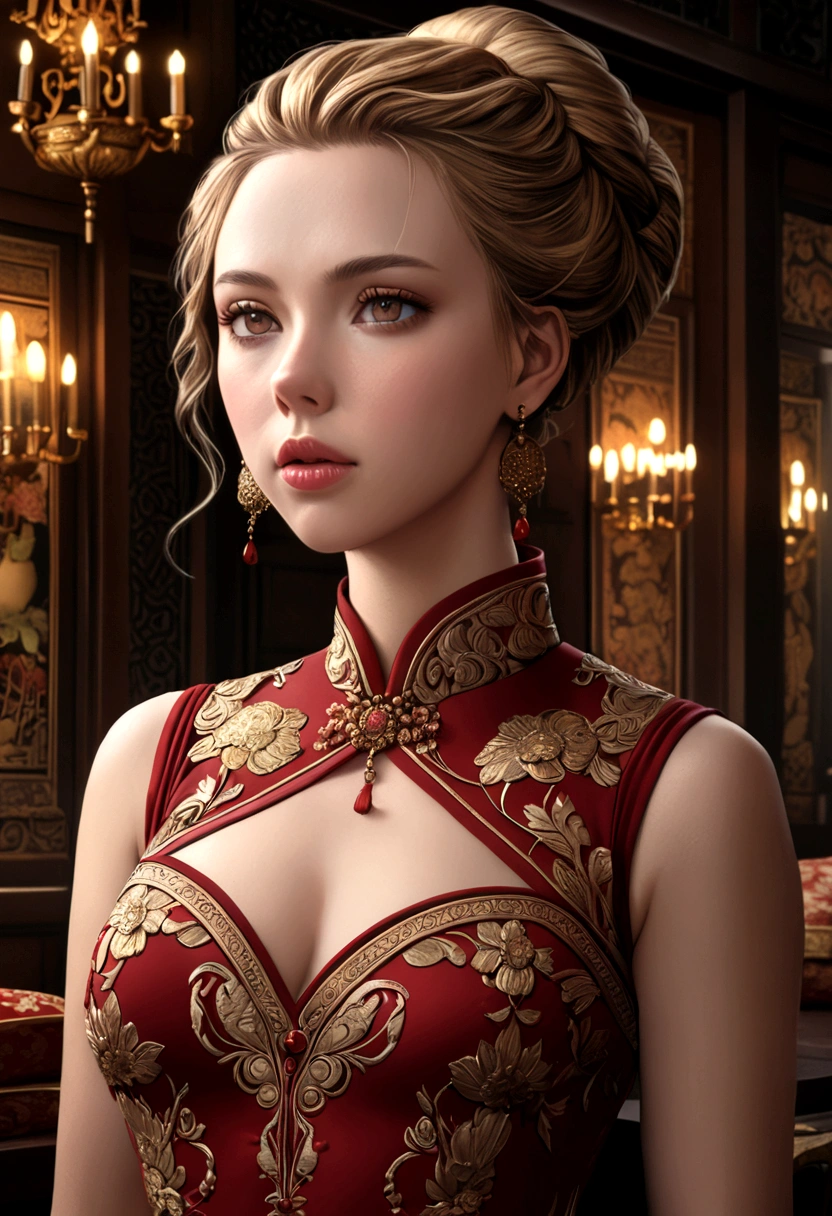 a woman (Scarlett Johansson Age 25), wearing an ornate cheongsam dress, detailed facial features, beautiful eyes, expressive lips, long eyelashes,beautiful skin,elegant hairstyle,feudal china setting,merchant family manor,greeting imperial emissaries,dramatic lighting,rich color palette,cinematic composition,intricate architectural details,opulent decor,stunning visual impact,(best quality,8k,highres,masterpiece:1.2),ultra-detailed,(realistic,photorealistic,photo-realistic:1.37),cinematic,dramatic,intricate,ornate,elegant,atmospheric,moody,rich colors (Show her from head to toe, show her entire body, show all of her)