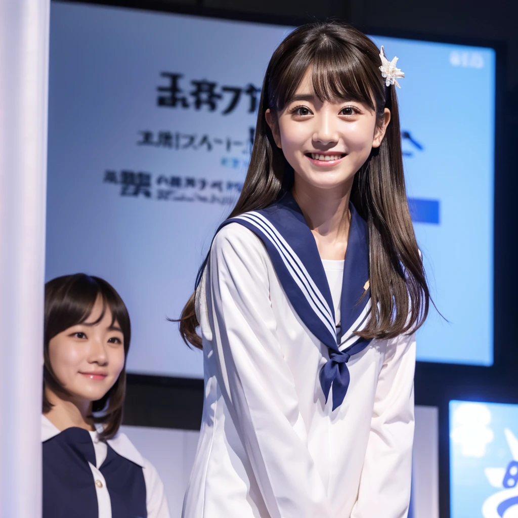 One girl, alone, Using a bed phone with a microphone,Smileみ, (Super Masterpiece), (Realistic), (Ultra fine), (beautiful), White background, Professional Lighting, (Highest quality, 64k, masterpiece), とてもbeautifulLong face顔, Japanese Model, clavicle, Artistic Space, Ultra HD, (Photorealistic:1.1), RAW Photo, Natural landscape, Big eyes, Black brown hair, Standing, Standing全身, Smile, Full body photo, Long face, Sailor suit girl, Using a bed phone with a microphone