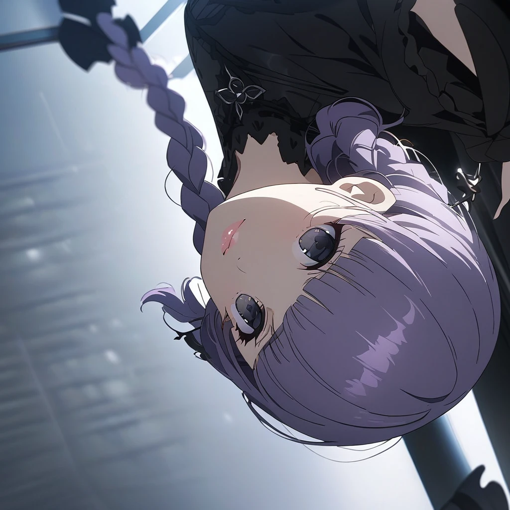 ultra detailed, 8K, (Cute a girl:1.5), (masterpiece:1.3), anime visual, (Black gothic lolita outfit, black boots, black parasol, sideways, :1.3 ), (Lovey-dovey:1.5), (tilt head:1.3), extremely delicate face, soft clean focus, realistic lighting and shading, (an extremely delicate and beautiful art:1.3), elegant, (muted colors:1.1),(one girl with closs hair pin,pale purple hair,wavy two braids,blunt bangs hair,green and black eyes.pink lips:1.4), small breast,slim,smile,Slender,morning lit,Glasses,
(masterpiece:1.3), anime visual, small breast,slim,smiling, full body shot, A starry sky, a gentle smile, look at viewer, morning lit,