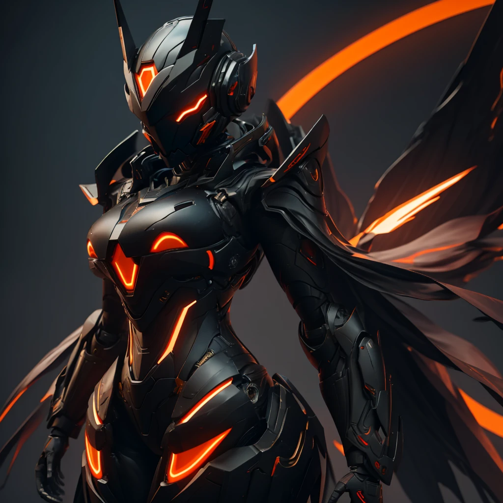 Dronificated unknown woman in a fully enclosed black latex fullbody suit with orange lights across the suit and heart shaped glowing core in the chest, fully enclosed cyber helmet that cover her whole face and hides her identity with a gundam face, huge breast, narrow waist, wide hips and thick thighs, in a storage facility, orange angelical wings an halo, fire, no face, no hair, no mouth, no eyes, (masterpiece), (highres) (full body)