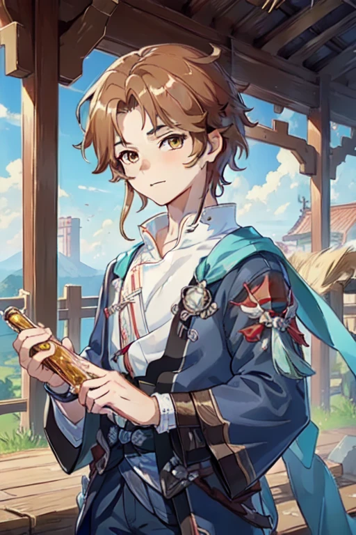 (Masterpiece:1.4), (best quality:1.2), (illustration:1.2), detailed face, yanqing, 1boy, chinese clothes, brown reddish hair, upper body, cowboy shot, soft face, honey eyes.