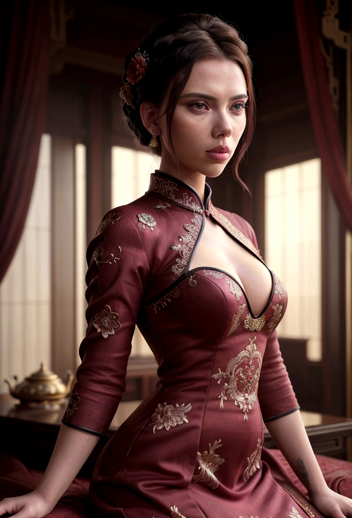 a woman (Scarlett Johansson Age 25), wearing an ornate cheongsam dress, detailed facial features, beautiful eyes, expressive lips, long eyelashes,beautiful skin,elegant hairstyle,feudal china setting,merchant family manor,greeting imperial emissaries,dramatic lighting,rich color palette,cinematic composition,intricate architectural details,opulent decor,stunning visual impact,(best quality,8k,highres,masterpiece:1.2),ultra-detailed,(realistic,photorealistic,photo-realistic:1.37),cinematic,dramatic,intricate,ornate,elegant,atmospheric,moody,rich colors (Show her from head to toe, show her entire body, show all of her)