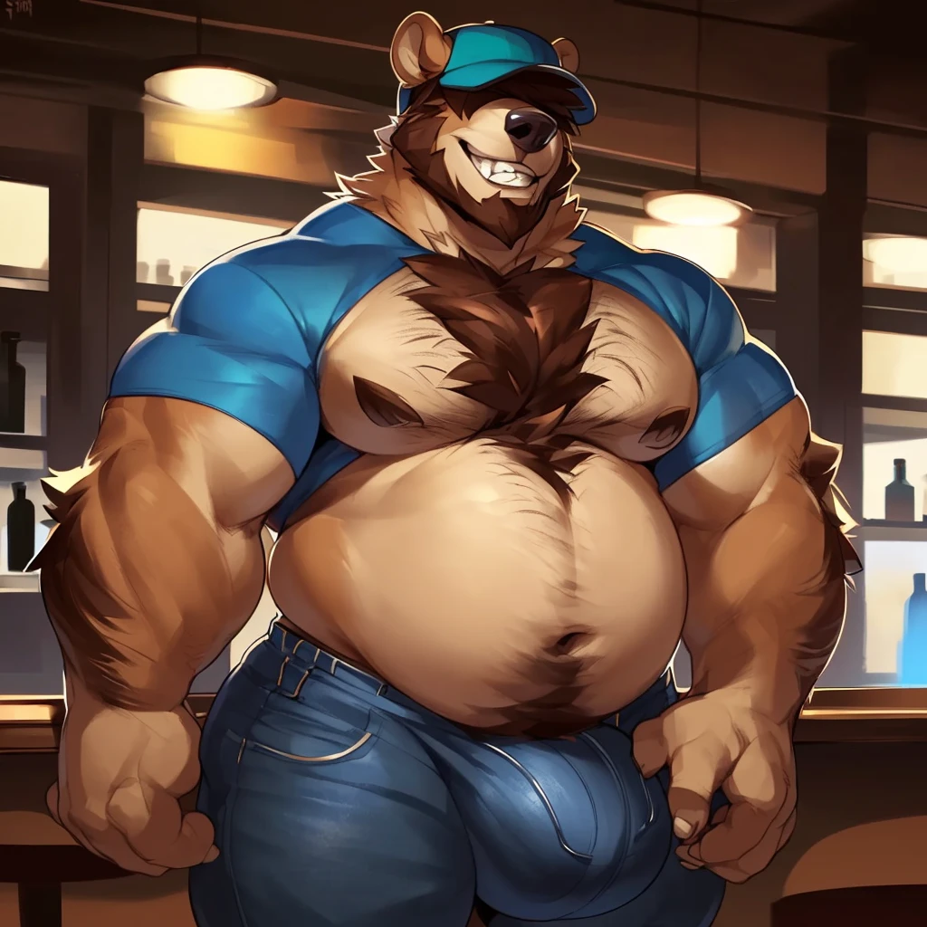 Solo, male (((bear, tan fur, tan body, muscular, muscle gut, beard, thick beard, smirking, toothy grin, teeth, burly chest, hairy body, chest hair, brown hair, ears, baseball cap, obscured eyes, hat over eyes, obscured vision, jeans, huge bulge))) standing, patting belly, bar, detailed baseball cap, detailed teeth, full body, perfect anatomy, by darkgem, by mystikfox61, by glitter trap boy