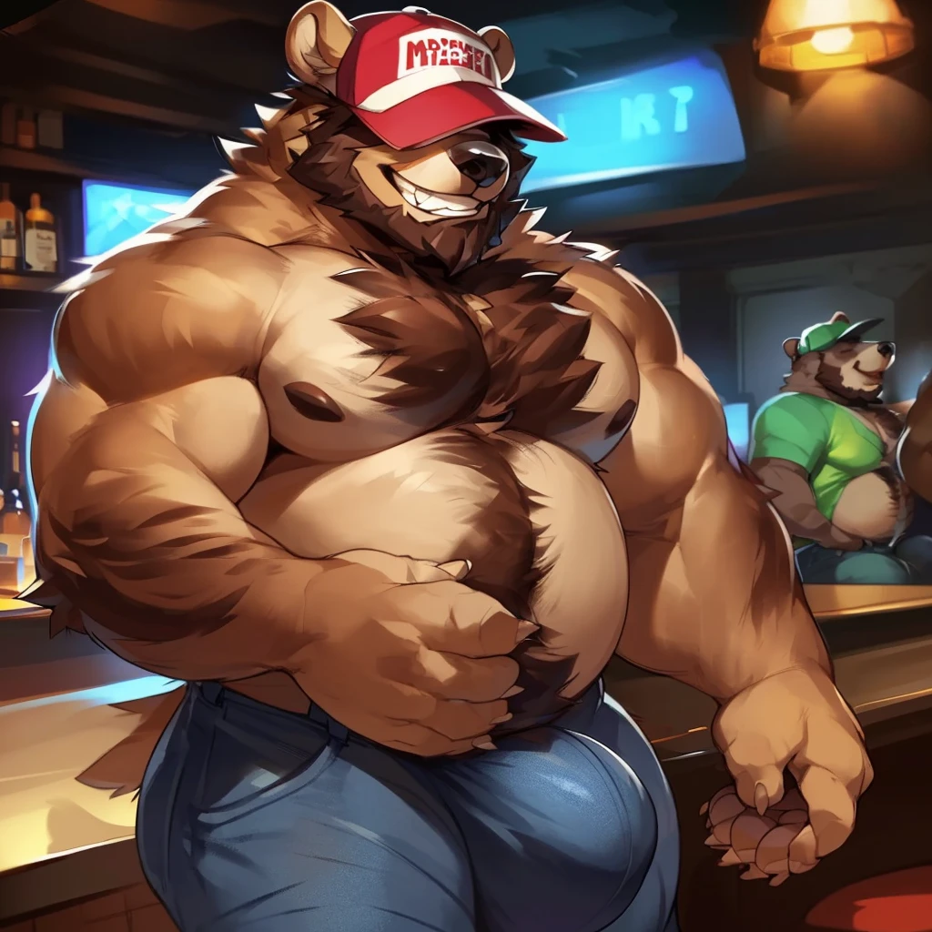 Solo, male (((bear, tan fur, tan body, muscular, muscle gut, beard, thick beard, smirking, toothy grin, teeth, burly chest, hairy body, chest hair, brown hair, ears, baseball cap, obscured eyes, hat over eyes, obscured vision, jeans, huge bulge))) standing, patting belly, bar, detailed baseball cap, detailed teeth, full body, perfect anatomy, by darkgem, by mystikfox61, by glitter trap boy