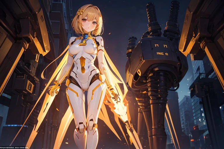 One girl:1.6, Robot Girl, Mecha Girl, From the face down, the golden internal skeleton is exposed., Beautiful Face, Masterpiece, Are standing, Full Body Shot, Wearing nothing but an internal skeleton

