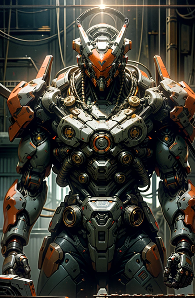 Dark_Fantasy,Cyberpunk,(chain saw,chain saw man,Red:1.1),1man,Mechanical marvel,Robotic presence,Cybernetic guardian, wearing a worn-out mech suit, intricate, (steel metal [rusty]), elegant, clear focus, shot by greg rutkowski, soft lighting, vibrant colors, masterpiece, ((street)), cowboy shot, dynamic pose,