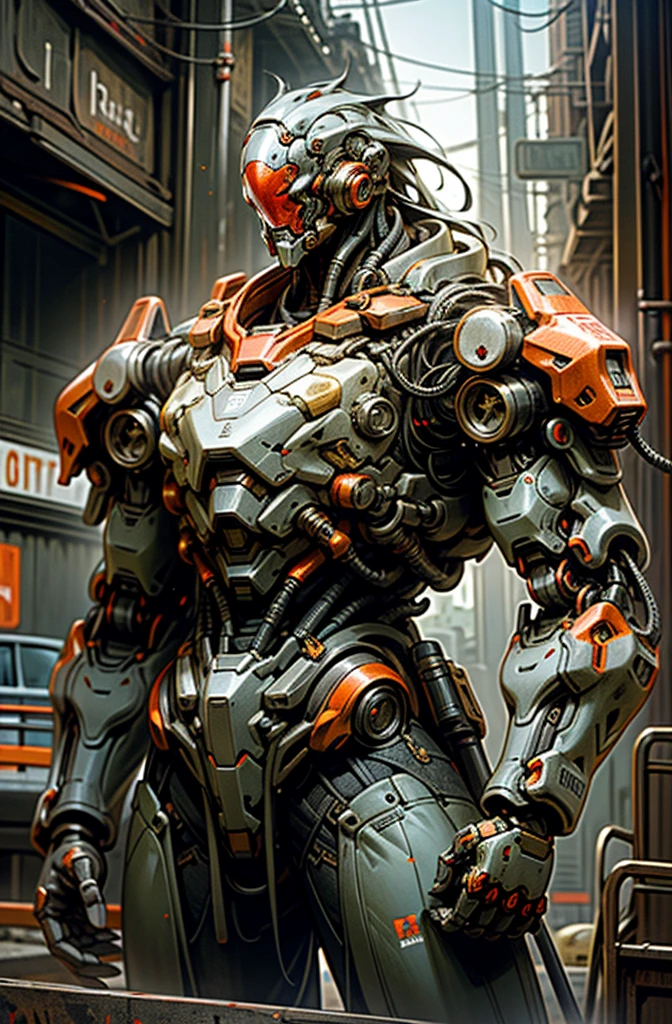 Dark_Fantasy,Cyberpunk,(chain saw,chain saw man,Red:1.1),1man,Mechanical marvel,Robotic presence,Cybernetic guardian, wearing a worn-out mech suit, intricate, (steel metal [rusty]), elegant, clear focus, shot by greg rutkowski, soft lighting, vibrant colors, masterpiece, ((street)), cowboy shot, dynamic pose,