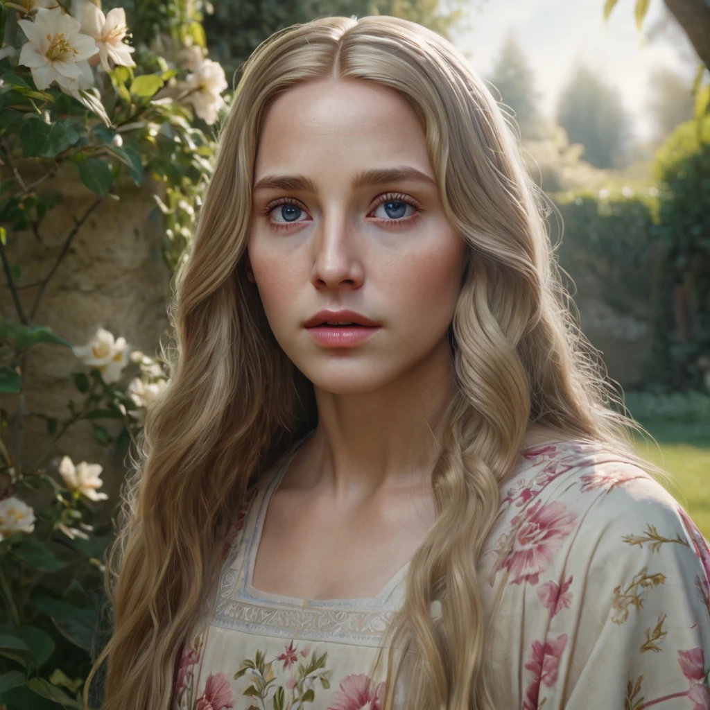 Photorealistic portrait of jesus, girl with long blond hair in the garden, beautiful detailed eyes, beautiful detailed lips, very detailed face and eyes, Long eyelashes, intricate floral dress, Calm facial expression, daylight, very detailed, 8 k, Photorealistic, hyper detailed, Cinematic lighting, Muted color palette, masterpiece