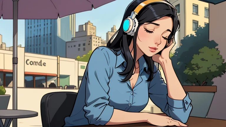 Beautiful woman in her 30s with black hair is sitting with headphones on the cafe terrace. Looking down, eyes closed, LOFI girl, alone in the room, blue blouse, relaxing mood, cozy, only five fingers, new york, colorful, Well-proportioned face, book