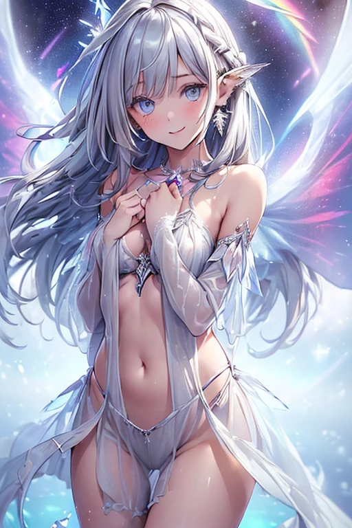 (masterpiece:1.5), (ultra quality), 8K, high resolution, ((super fine illustration), (depth of field),
perfect anatomy,
((1girl)), solo, (delicate beauty girl), (ars_old girl),
(silver hair), (extreme long hair), (bangs), (french braid), (floating hair:1.2),
(fine detailed eyes), (blue eyes),
(beautiful face), small bast, (slender),
(from diagonal side), (cowboy shot), (looking ahead),
collarbone, creavege, navel,
(greek mythology costume), (white clothes), (sheer_fashion:1.2), (see-through:1.4),(fluorescent wing:1.6), (three_pare wings:1.5),
light smile, spread arms, jewelry, earrings,
(best shadow:1.2), (soft shadow:1.3), (beautiful shadow:1.3), (Prismatic light:1.4), (sparkling light), (beautiful light:1.2), (fantastical light:1.2),
(beautiful reflection:1.3), (prismatic reflection:1.4), (soft reflection:1.3), (natural reflection:1.4),
(sense of depth:1.2),