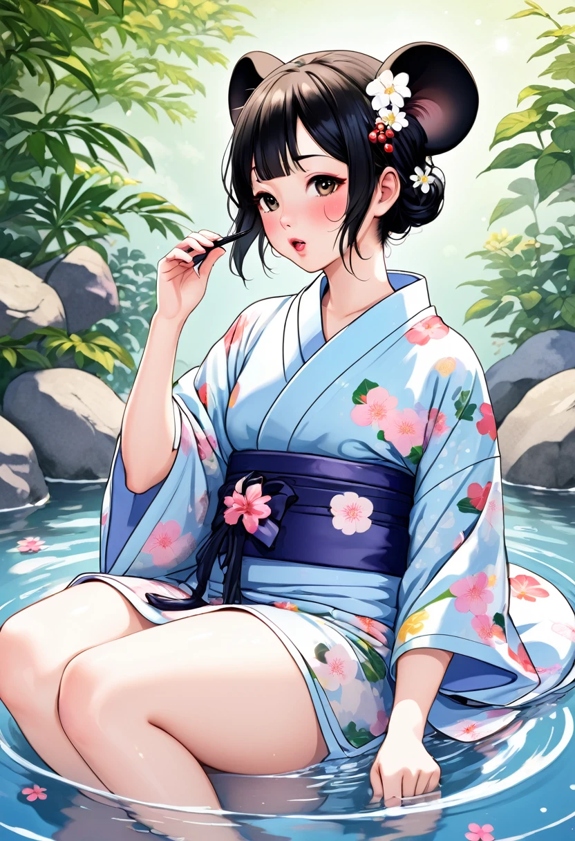 (utamaro style:1.2) , Hallucination, daydream , nightmare , Insane Dream , bokeh , erotica , romance , realistic mouse nymph and realistic cat , yukata , futon , Petals fluttering down , Single eyelids, round nose, swollen cheeks , glossy lips , Mount Fuji, Hawk, licking Eggplant , Collarbone , Disheveled Hair , Put ankle in the water , Scorching Heat summer