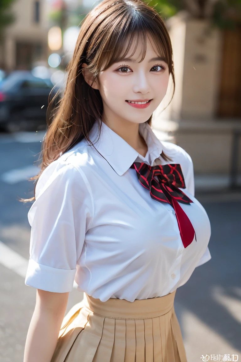 (Best quality,masterpiece,ultra detailed,8K,RAW photo,realistic,high resolution:1.2),(Pretty Japanese girl),(Super huge tits:1.4),(light brown hair),(school uniform,white shirt,pleated skirt:1.4),(voluptuous:1.5),(shoulder length),(light smile),(thick:1.4)