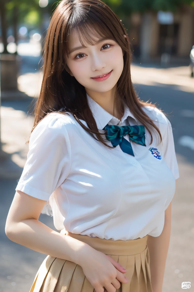 (Best quality,masterpiece,ultra detailed,8K,RAW photo,realistic,high resolution:1.2),(Pretty Japanese girl),(Super huge tits:1.4),(light brown hair),(school uniform,white shirt,pleated skirt:1.4),(voluptuous:1.5),(shoulder length),(light smile),(thick:1.4)