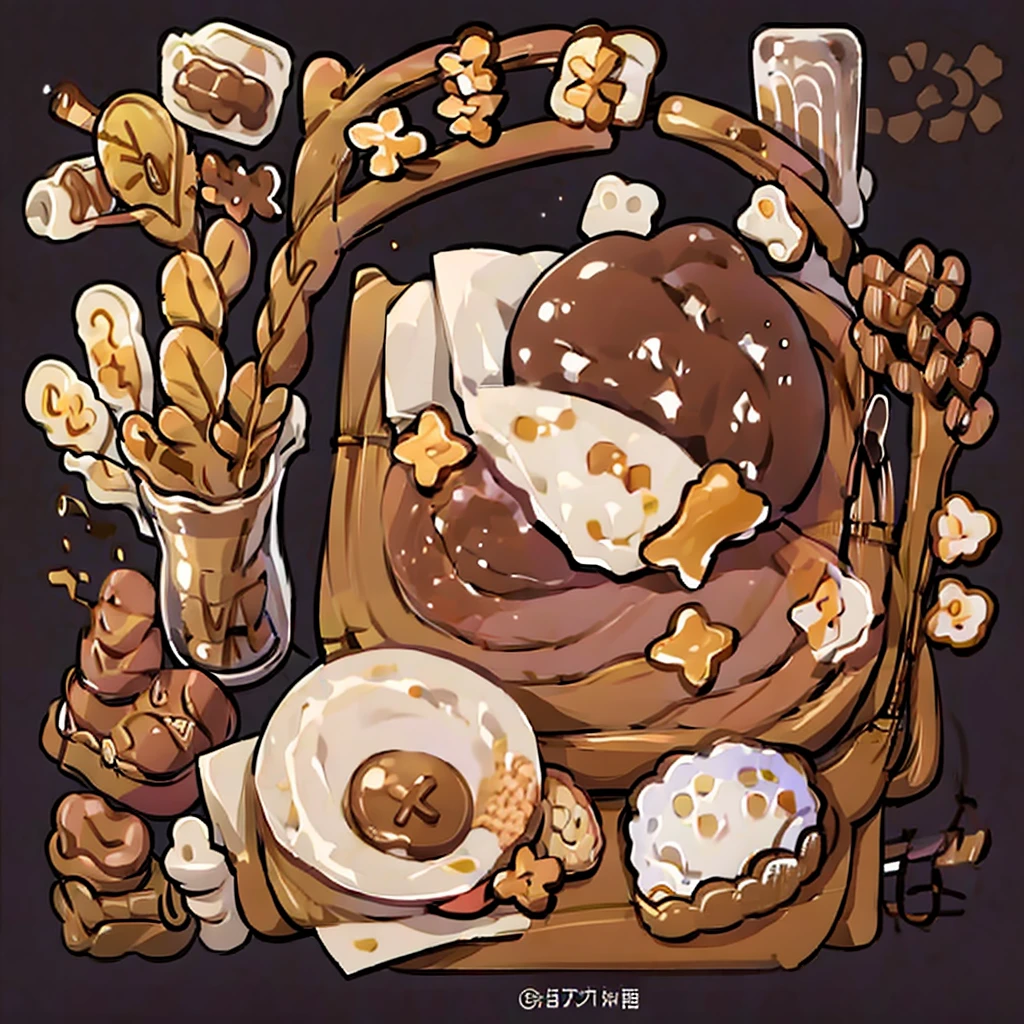 cute artstyle, brown bakery, milky, brown bread, bakery shop, theme, bread & cookies, white bread, paper bag filled with lots of bread