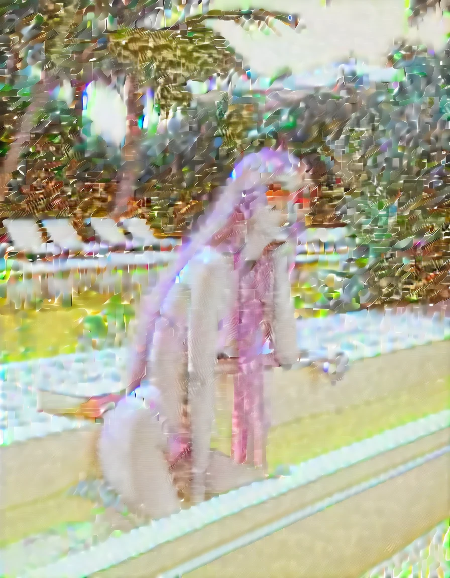 woman,with long pink hair,( nude,dress, sunglasses,) pool, sky blue color,bikini, water, shoulders, music video, youtube, screenshot, dua lipa, , behind view, half body, ultrarealistic, detailed" "female, fashion, summer, stylish, glamour, elegant, trendy, chic, model, leisure" "luxury, poolside, tropical, vacation, relaxation, sunlight, reflection, water droplets, fashionista, modern