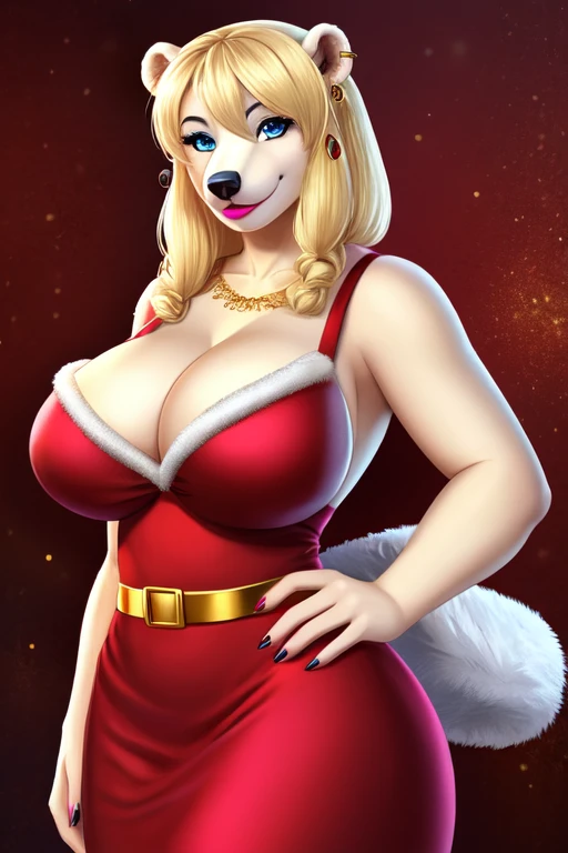 Blonde polar bear woman, wearing a backless Santa dress, perfect face, blue eyes, big breasts, cleavage, three-quarter view, solo, smile, perfect detailed body, pink lipstick, hand on hips, gold earring,