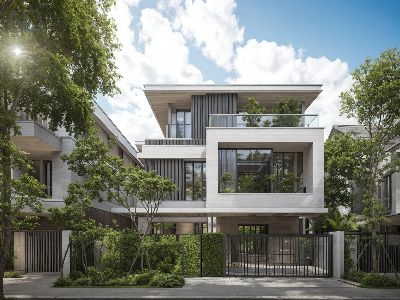 RAW photo, Exterior of two story white modern house, road, ((sidewalk)), ((sidewalk trees)), residences area, day time, tropical trees and plants, (high detailed:1.2), 8k uhd, dslr, soft lighting, high quality, film grain, Fujifilm XT3)