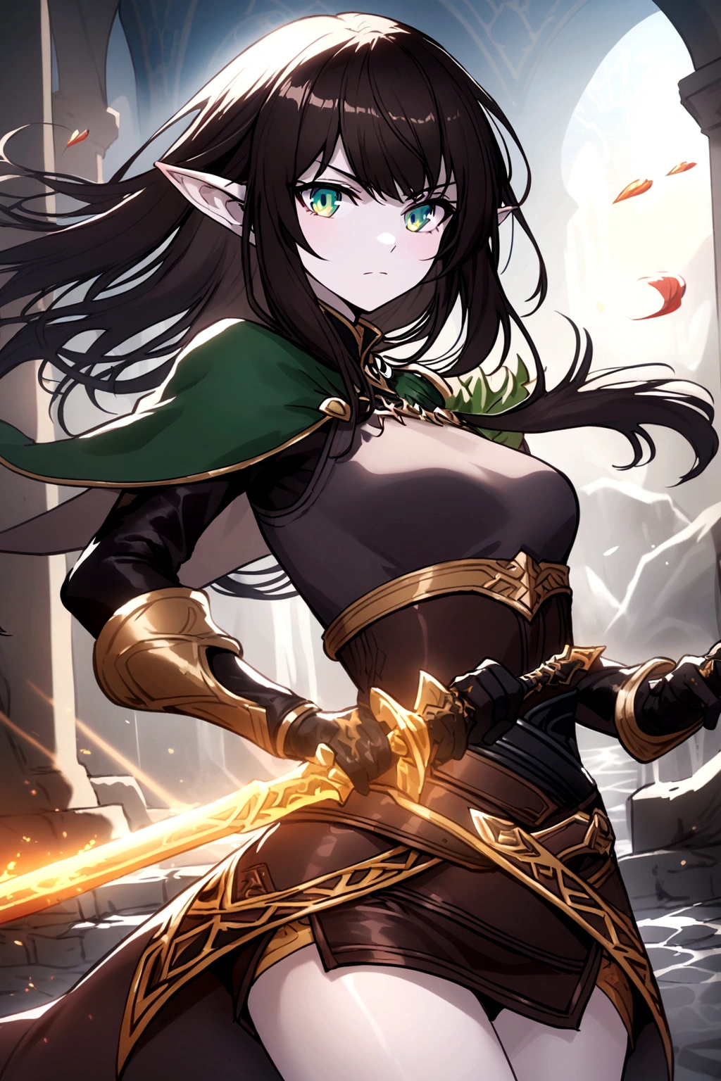 Young elven woman, pale skin, brown hair, green eyes, black short clothes, short, dark fantasy, long ears, bladedancer, serious expression