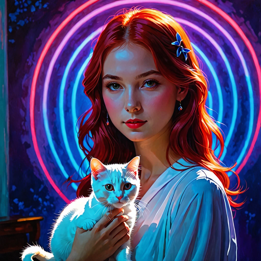 (masterpiece, best quality:1.2),rays of black light, 1 girl, Solitary，There is a white cat next to me，There is a red hairpin on the cat&#39;s head