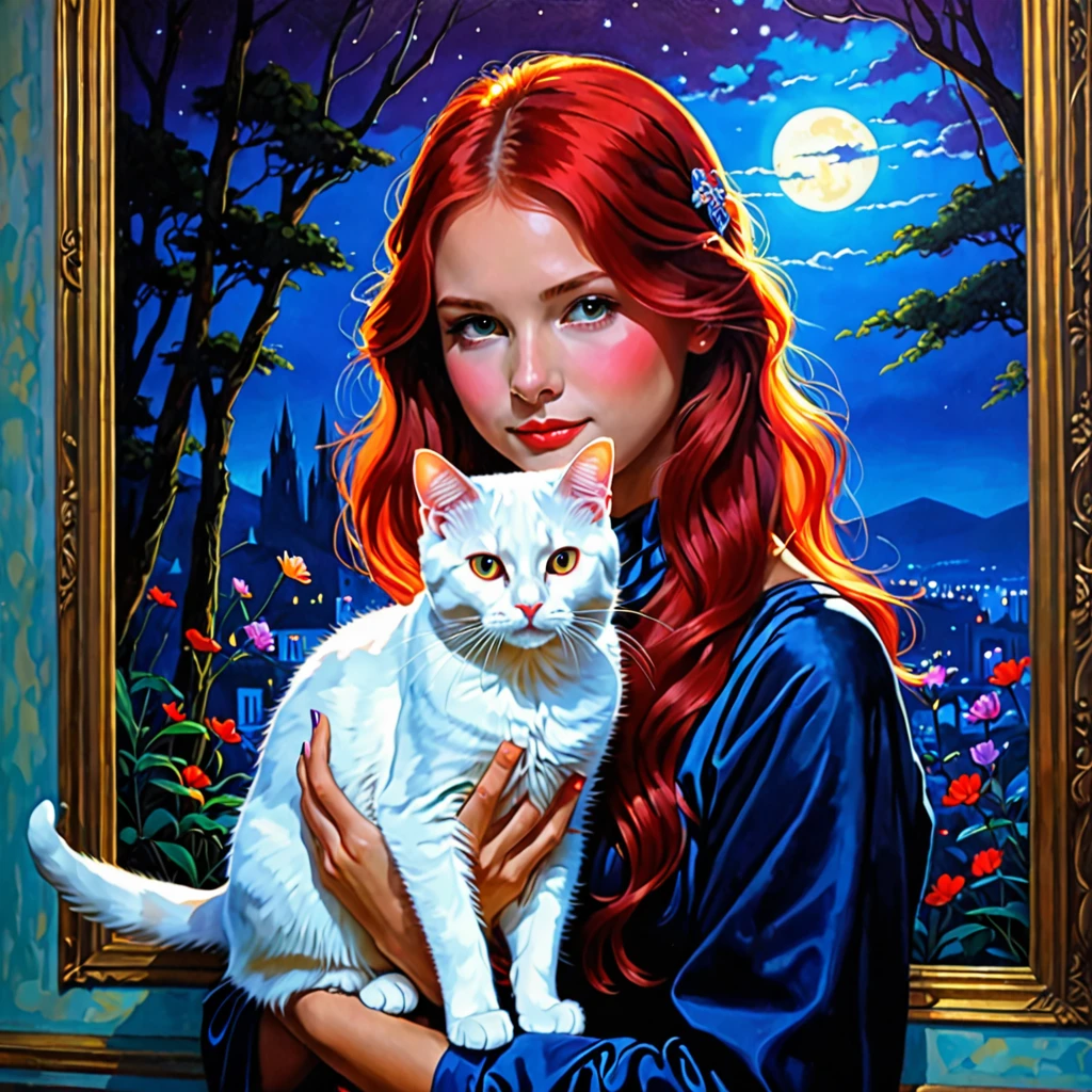(masterpiece, best quality:1.2),rays of black light, 1 girl, Solitary,There is a white cat next to me,There is a red hairpin on the cat's head
