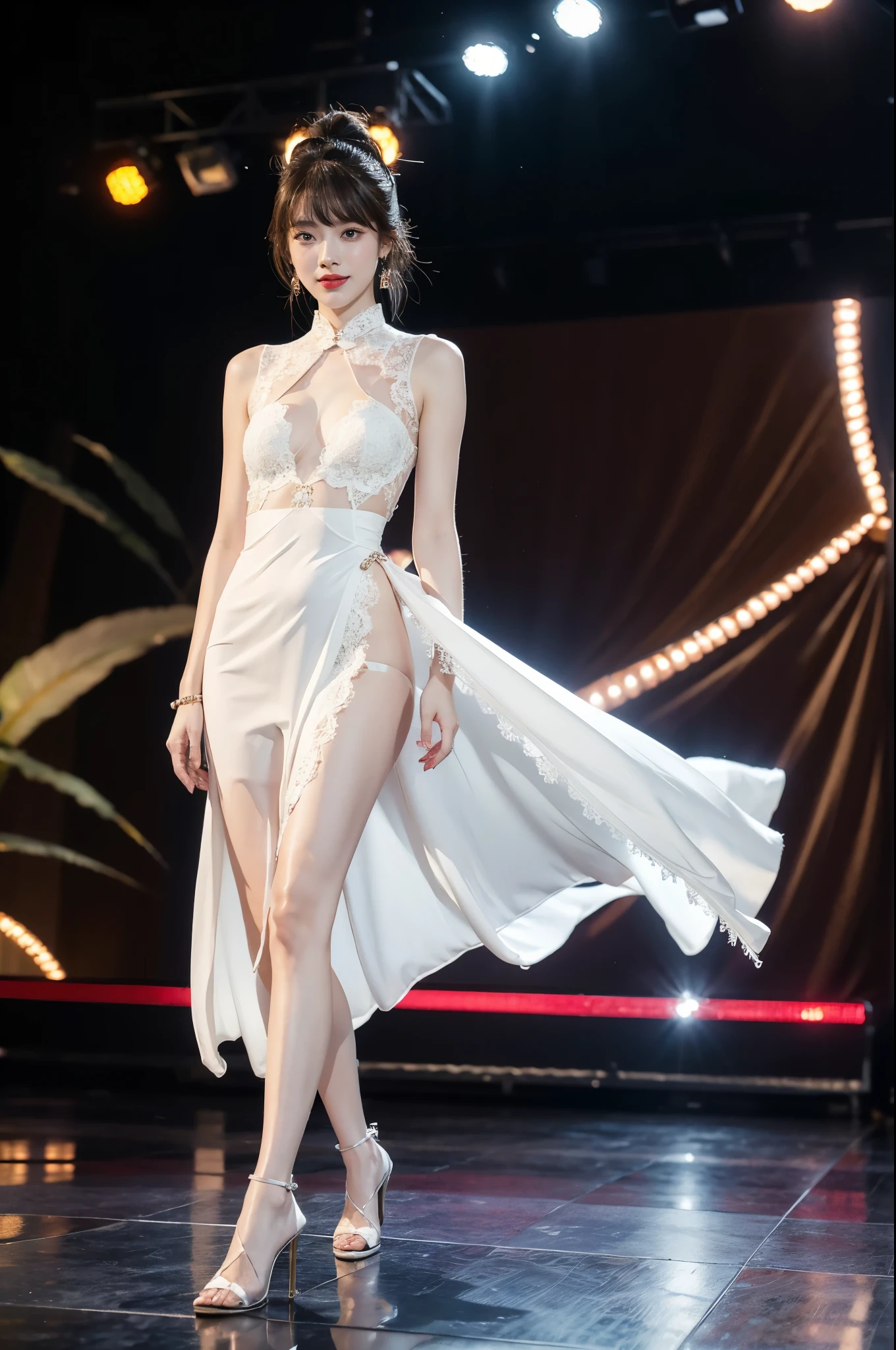 1girl,bangs,bare arms,collar,lace,see through,maxi white cheongsam,detailed background,detailed eyes,brown hair,earrings,full body,jewelry,slim,flat chest,ponytail,headdress,looking at viewer,makeup,night scene,red lips,signature,laughing,solo,standing,slender legs,pantyhose,high heels,On the T-stage,catwalk,fashion show,Surrounded by crowded crowds on both sides of the stage,neon lights,from front