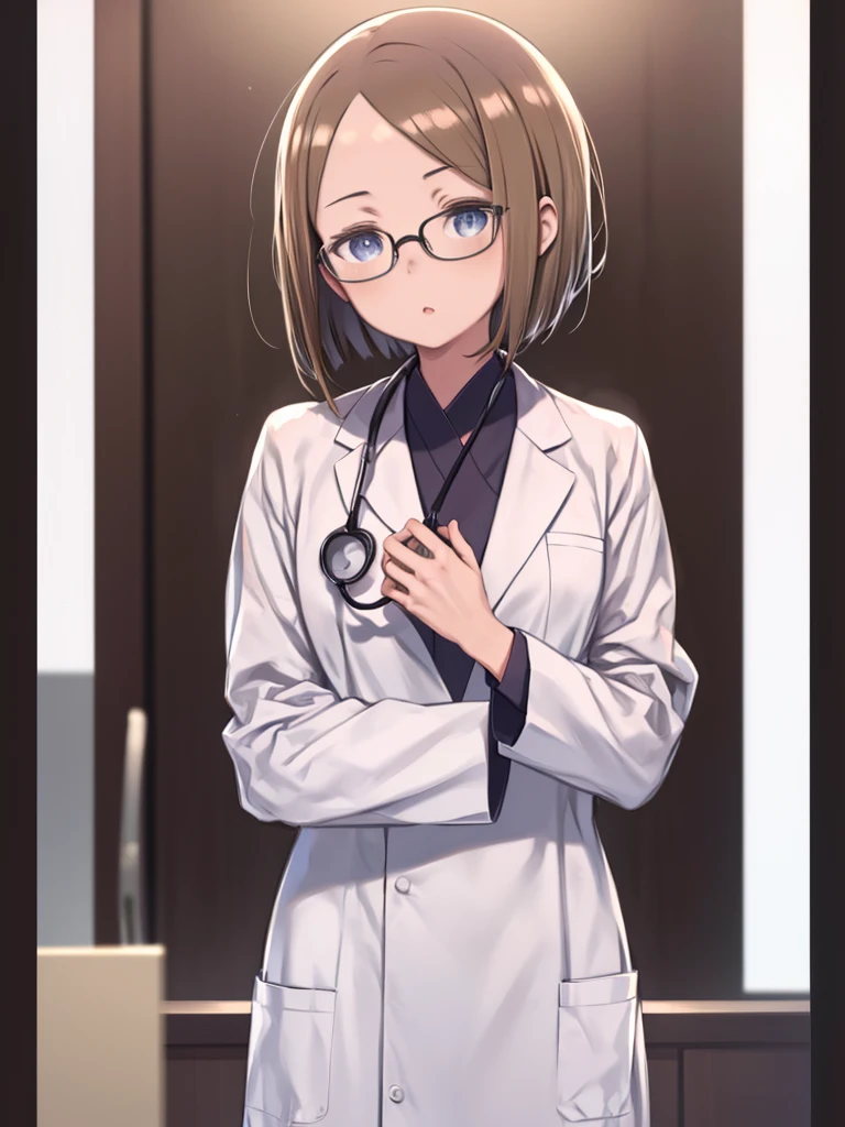 masterpiece, 最high quality, high quality, Wear a lab coat over your scrubs, hospital exam room, ((Stethoscope)), One girl,(hospital, operating room, clinic,clinic), (Kimiko Shimoto), (One girl, 3DCG 05, 前hair, blonde_hair, blue eyes, blunt 前hair, Bobcut, brown hair, 茶色のフレームのGlasses, Glasses, hair intakes, Inverted Bob, Eileen Bradford, short hair, Small breasts, alone),