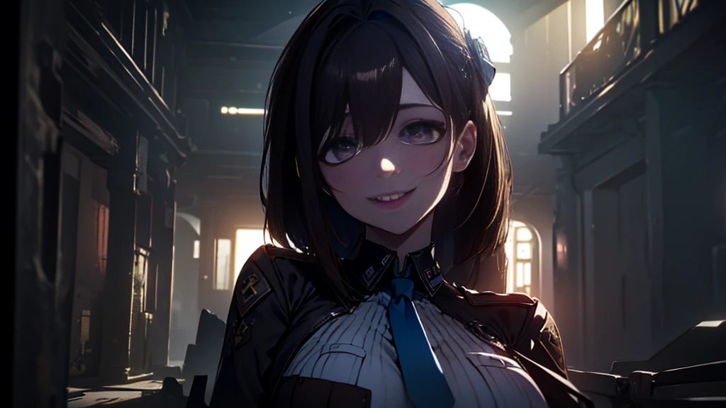 ((Best quality)), ((masterpiece)), (detailed:1.4), 3D, an image of a beautiful cyberpunk female, Yandere , Yandere Face , Trance , Trance Eyes , yameroyandere , constricted pupils , yandere , empty eyes . shaded face , crazy eyes , glowing brown eyes , crazy smile , Marian , tied hair, long brown hair , White Military Uniform , Brown Eyes, Blue Barret, Blue Necktie ,Blue Ribbon , White undercloth, large breasts, HDR (High Dynamic Range),Ray Tracing,NVIDIA RTX,Super-Resolution,Unreal 5,Subsurface scattering,PBR Texturing,Post-processing,Anisotropic Filtering,Depth-of-field,Maximum clarity and sharpness,Multi-layered textures,Albedo and Specular maps,Surface shading,Accurate simulation of light-material interaction,Perfect proportions,Octane Render,Two-tone lighting,Wide aperture,Low ISO,White balance,Rule of thirds,8K RAW,