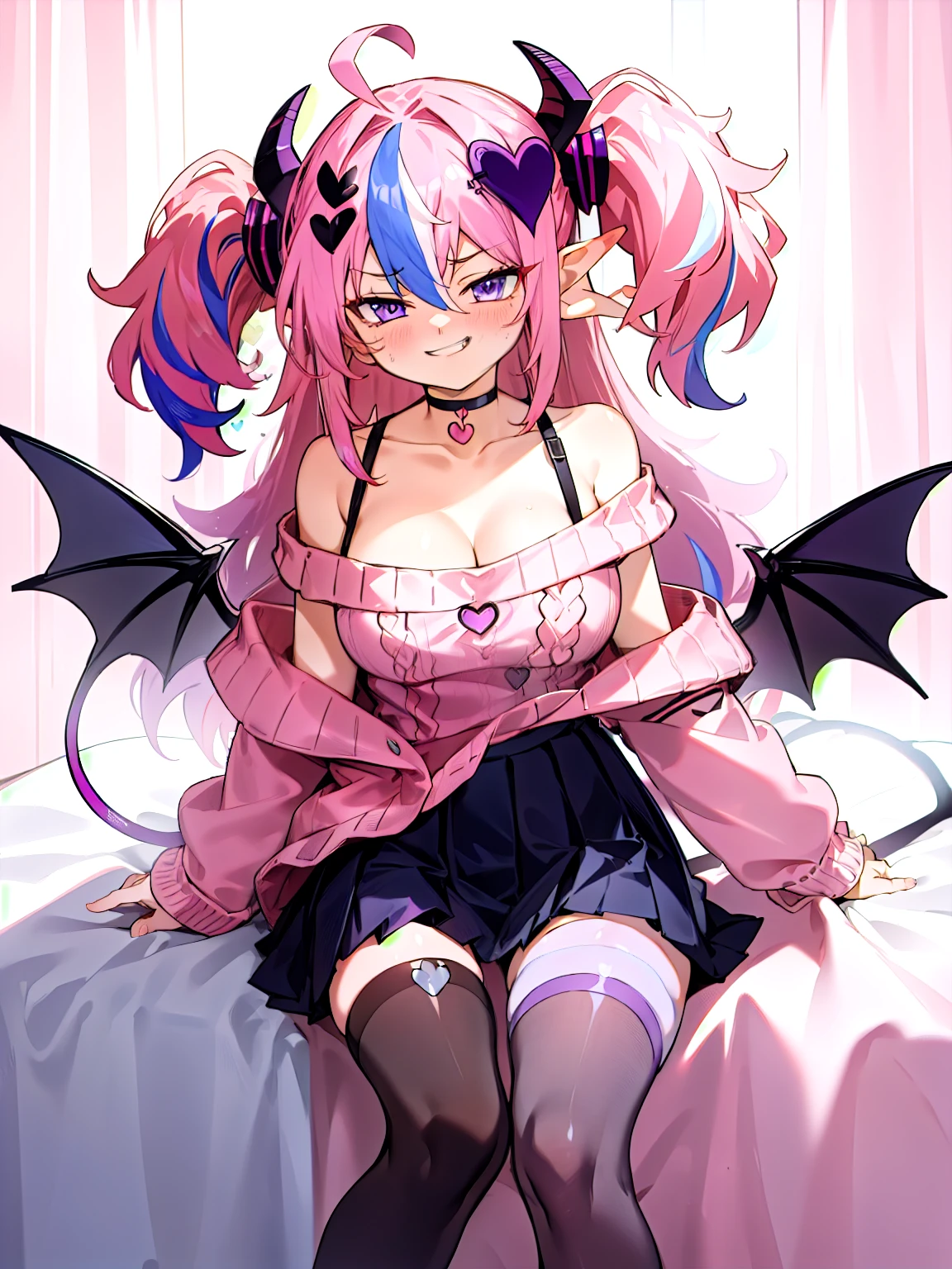 ironmouse, pink hair, streaked hair, two side up, long hair, purple eyes, demon tail, demon horns, choker, heart ahoge, heart hair ornament, off shoulder, long sleeves, pleated skirt, thighhighs, thigh strap, pink sweater, large breasts, cleavage, sitting, smirk, smug, clenched hand, masterpiece, best quality