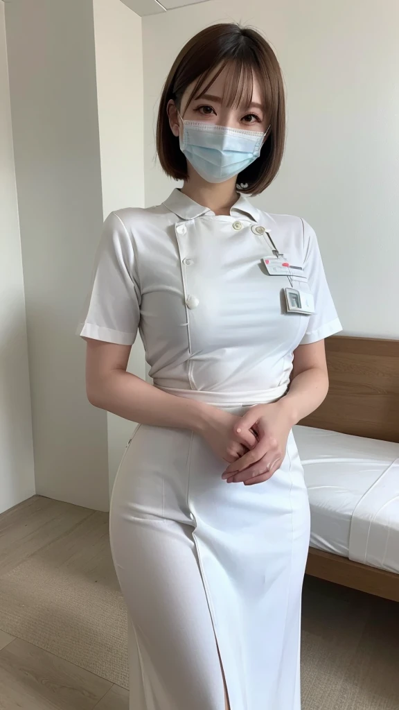 1 Girl,(Wearing white nurse clothes:1.2),(RAW Photos, Highest quality), (Realistic, photo-Realistic:1.4), masterpiece, Very delicate and beautiful, Very detailed, 2k wallpaper, wonderful, finely, Very detailed CG unity 8k wallpaper, Very detailedな, High resolution, Soft Light, Beautiful detailed girl, Very detailed eyes and face, Beautiful and detailed nose, finely beautiful eyes, nurse, Perfect Anatomy, Black Hair, Upstyle, nurse uniform, ((mask)), Long skirt, nurse, White costume, thin, hospital, clear, White Uniform, hospital room, Neck auscultation,Bobcut