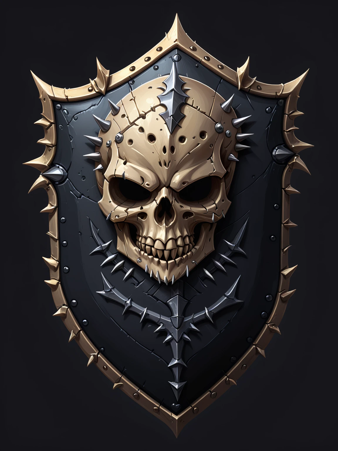 Pixel Art, Cartoon illustration, Skull Spiked Shield, skull, Simple black background, Game Icon