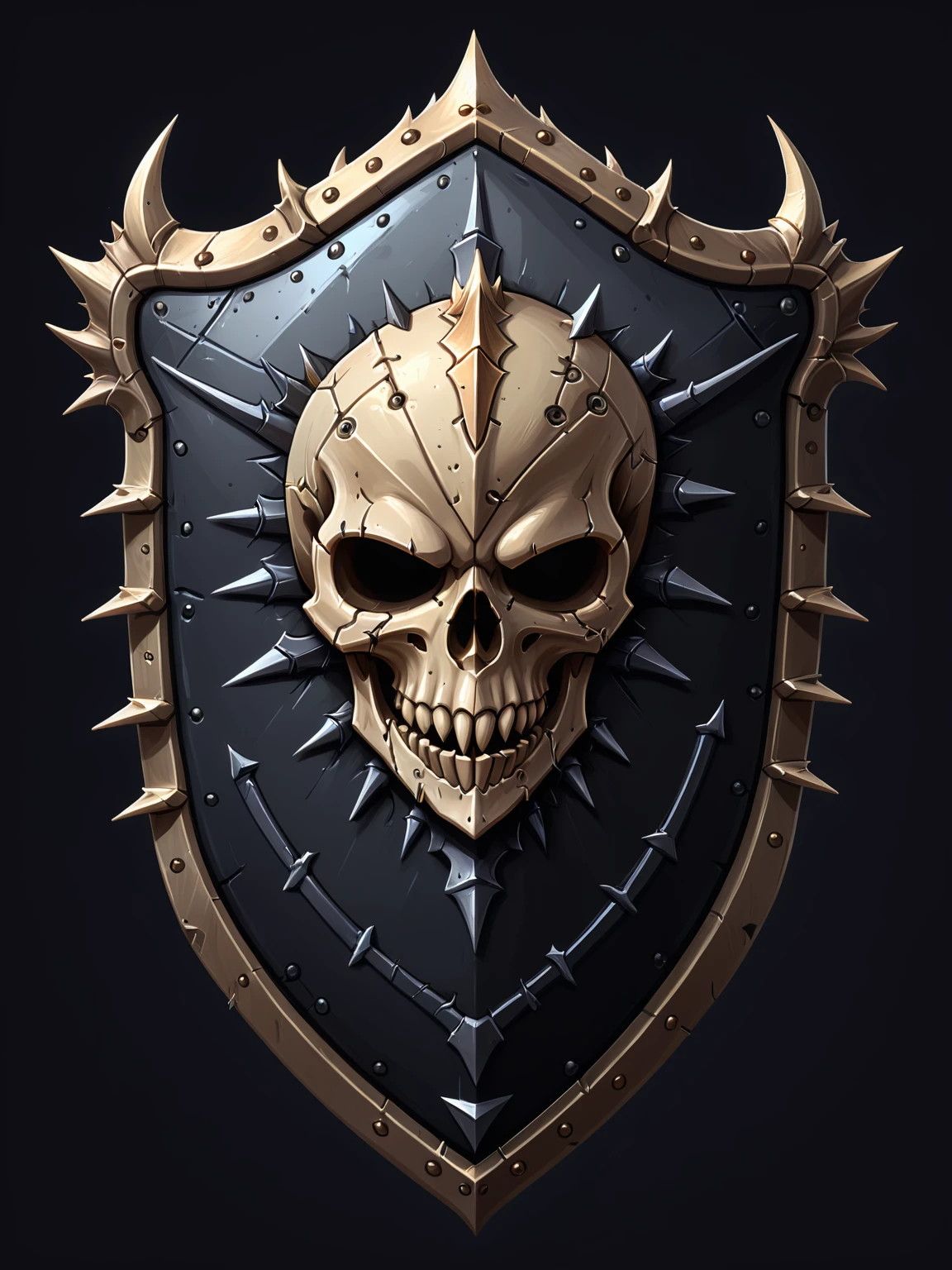 Pixel Art, Cartoon illustration, Skull Spiked Shield, skull, Simple black background, Game Icon 
