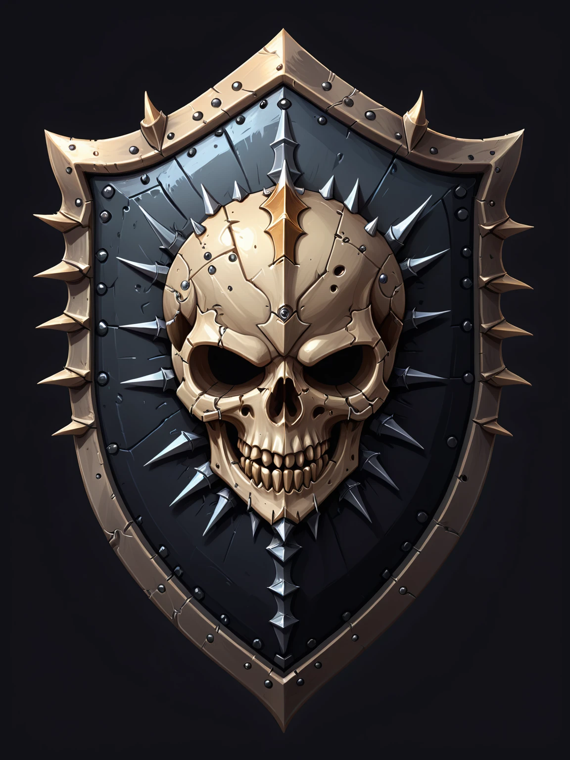 Pixel Art, Cartoon illustration, Skull Spiked Shield, skull, Simple black background, Game Icon 