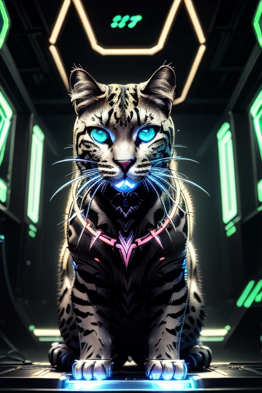 a cyberpunk leopard, futuristic cyborg cat, mechanical cat, metal cat, robotic feline, intricate machinery, glowing eyes, neon lights, , dark moody atmosphere, dynamic composition, cinematic lighting, vibrant colors, digital art, 8k, high quality, masterpiece, photorealistic