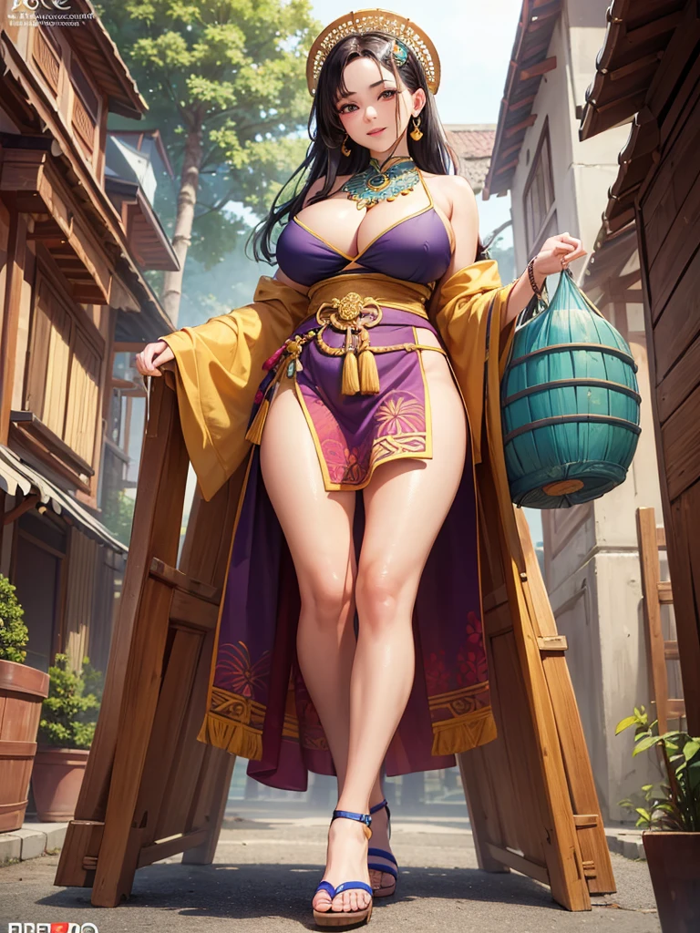 (masterpiece, top quality, best quality, official art, beautiful and aesthetic), (1girl), extremely detailed, colorful, highest detailed. Stunning Beauty Voluptuous Javanese Mbok Jamu (Herbal Peddler). Smile. Wearing kemben on top, and short jarik batik fabric on bottom. She's wearing Sanggul in her hair. Beautiful shoulders, beautiful cleavage, big breasted, beautiful belly, beautiful big waist, beautiful thighs, and beautiful legs. Swallow rubber sandals. She's holding a big bamboo basket full of Bottles of Jamu. Full body photo, head to toes, wide angle. Background in public street. HD image, very detailed anatomy, very detailed background. A MASTERPIECE.