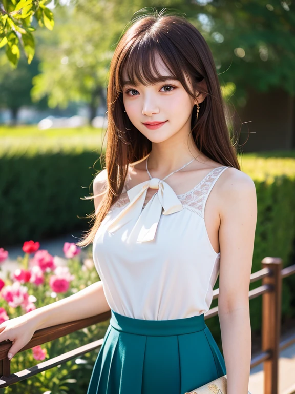 Medium display, Medium Shot, Depth of written boundary, bust, Upper Body, Movie angle, masterpiece, Highest quality, Very detailed, CG, 8k wallpaper, Beautiful Face, Delicate eyes, country々, alone, smile, bangs, skirt, shirt, Have, dress, bow, petal, bouquet