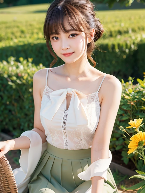 Medium display, Medium Shot, Depth of written boundary, bust, Upper Body, Movie angle, masterpiece, Highest quality, Very detailed, CG, 8k wallpaper, Beautiful Face, Delicate eyes, country々, alone, smile, bangs, skirt, shirt, Have, dress, bow, petal, bouquet