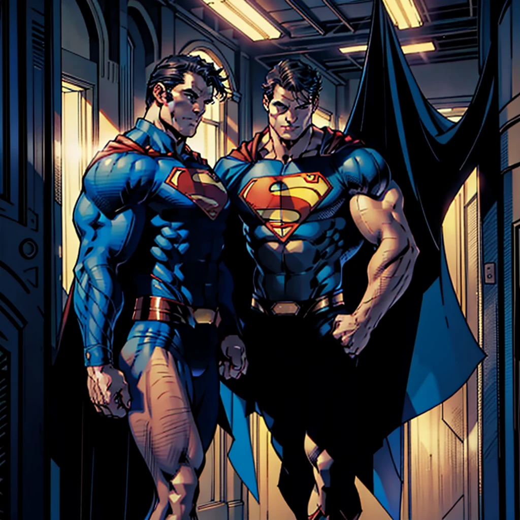 In a masterpiece of high resolution, a 35-year-old man stands alone, elegantly posed against the backdrop of a dark, gloomy hallway. The man is identified as Henry CAVILL, known for his tactical prower, and he is dressed in superman suit, highlighted by the blue flying cape, which reveals his well-defined biceps, abs, and chest., adding an air of professionalism to the image.

With a smirk on his face, henry cavill towers over the scene, a sign of his dominance and supremacy 