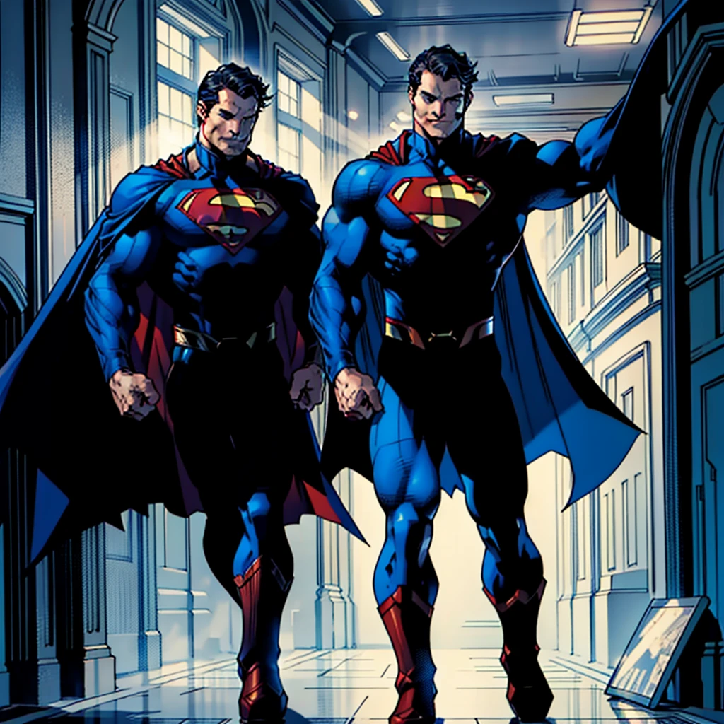 In a masterpiece of high resolution, a 35-year-old man stands alone, elegantly posed against the backdrop of a dark, gloomy hallway. The man is identified as Henry CAVILL, known for his tactical prower, and he is dressed in superman suit, highlighted by the blue flying cape, which reveals his well-defined biceps, abs, and chest., adding an air of professionalism to the image.
With a smirk on his face, henry cavill towers over the scene, a sign of his dominance and supremacy