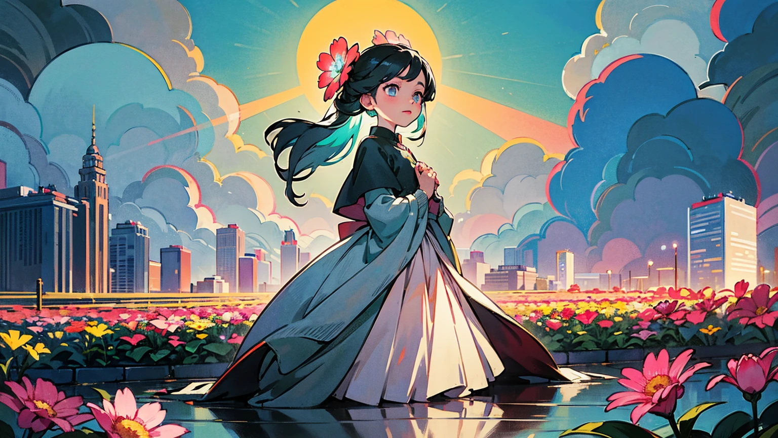 A vibrant flower blooms on the dirty ground of a large gray avenue. A crowd of gray, soulless people crosses the streets. A colorful , glowing with bright hues, stands protectively over the flower, protecting it with her little hands and determined eyes. Sunlight breaks through the dark clouds. Studio Ghibli style