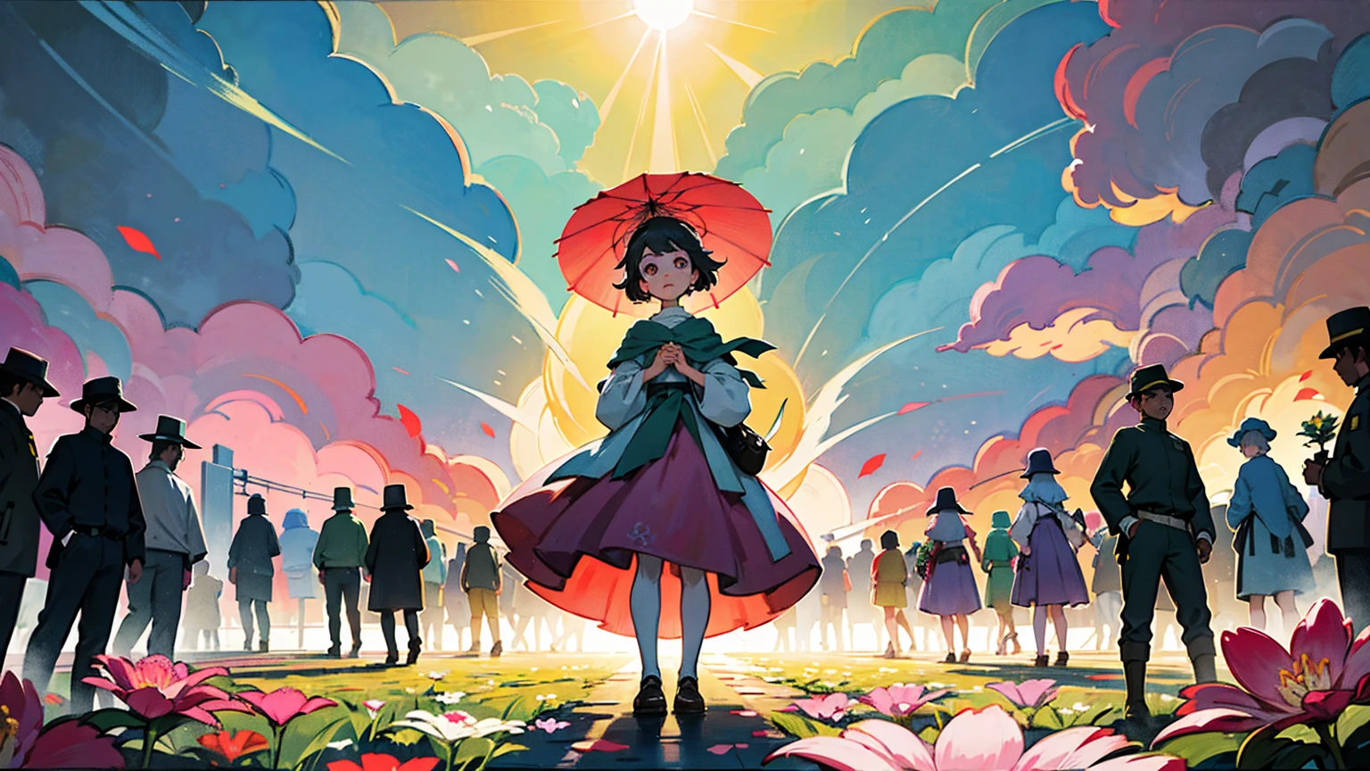 A vibrant flower blooms on the dirty ground of a large gray avenue. A crowd of gray, soulless people crosses the streets. A colorful , glowing with bright hues, stands protectively over the flower, protecting it with her little hands and determined eyes. Sunlight breaks through the dark clouds. Studio Ghibli style