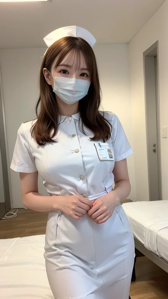 1 Girl,(Wearing white nurse clothes:1.2),(RAW Photos, Highest quality), (Realistic, photo-Realistic:1.4), masterpiece, Very delicate and beautiful, Very detailed, 2k wallpaper, wonderful, finely, Very detailed CG unity 8k wallpaper, Very detailedな, High resolution, Soft Light, Beautiful detailed girl, Very detailed eyes and face, Beautiful and detailed nose, finely beautiful eyes, nurse, Perfect Anatomy, Black Hair, Upstyle, nurse uniform, ((mask)), Long skirt, nurse, White costume, thin, hospital, clear, White Uniform, hospital room, Neck auscultation,Bobcut