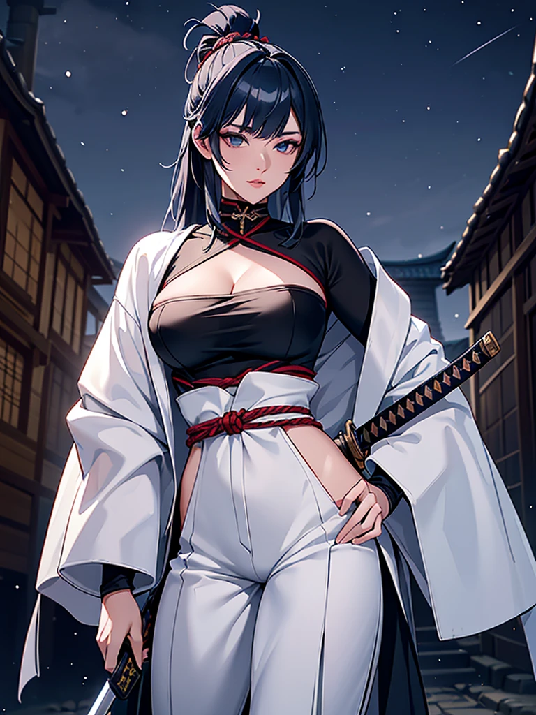 a female samurai, beautiful detailed eyes, beautiful detailed lips, extremely detailed face, long eyelashes, (katana swords behind hips:1.2),hyper realistic lighting,(super detailed:1.3),((best quality:1.2)),((masterpiece:1.2)),female focus,lonely beauty,detailed face,detailed lips,(nighttime:1.6),(standing in a medieval europe castletown),(eclipse),cowboy shot,cleavage,((shibari across bare breasts:1.125)),topknot,muted dark blue hair,white samurai coat,black samurai (pants):1.1