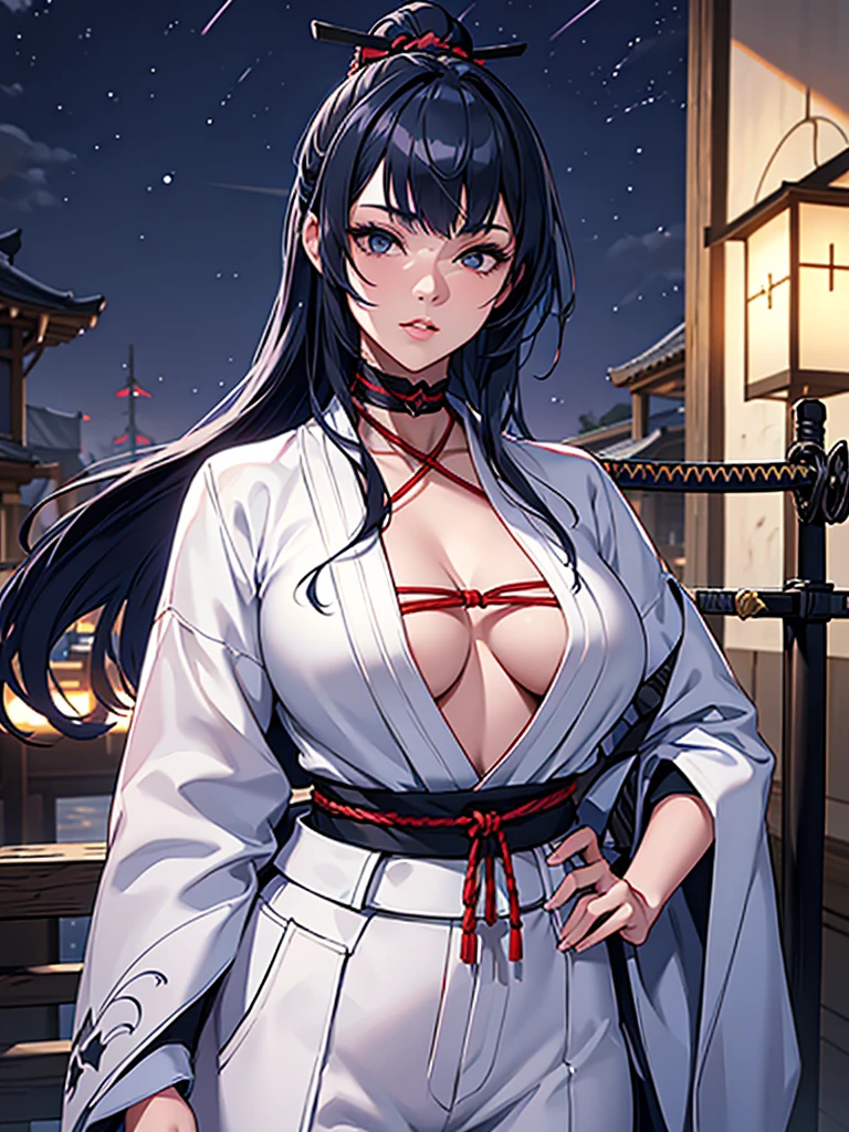 a female samurai, beautiful detailed eyes, beautiful detailed lips, extremely detailed face, long eyelashes, (katana swords behind hips:1.2),hyper realistic lighting,(super detailed:1.3),((best quality:1.2)),((masterpiece:1.2)),female focus,lonely beauty,detailed face,detailed lips,(nighttime:1.6),(standing in a medieval europe castletown),(eclipse),cowboy shot,cleavage,((shibari across bare breasts:1.125)),topknot,muted dark blue hair,white samurai coat,black samurai (pants):1.1