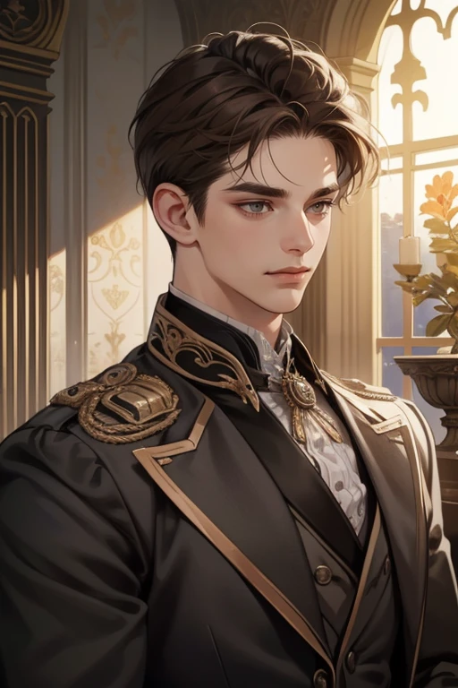 masterpiece, best quality, realistic, 1man, mature male, quiet and charming young man, 25 years old, close his eyes, extremely detailed face, ((dark grey eyes)), ((short-right-swept dark brown hair)), [thick eyebrows], prince, cinematic lighting, looking at the audience, posture dynamics, victorian era, smirk　Background Transparent