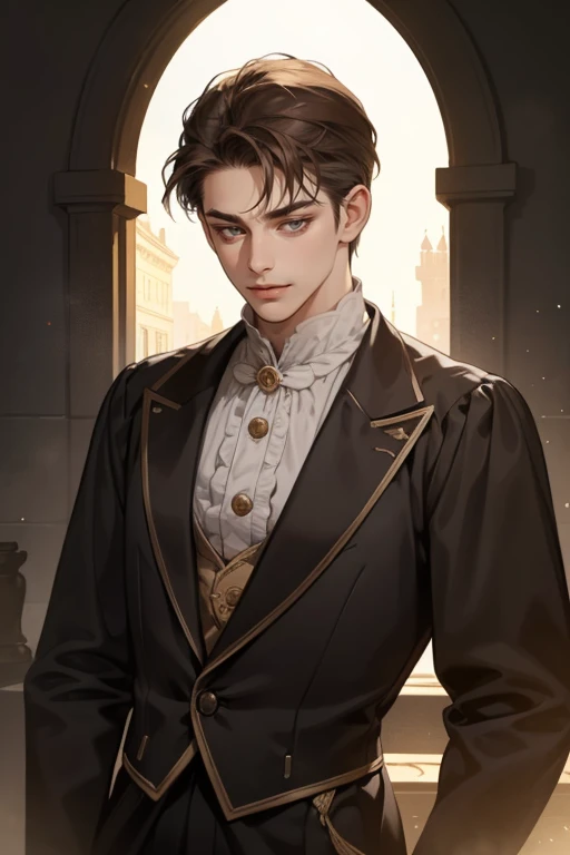 masterpiece, best quality, realistic, 1man, mature male, quiet and charming young man, 25 years old, close his eyes, extremely detailed face, ((dark grey eyes)), ((short-right-swept dark brown hair)), [thick eyebrows], prince, cinematic lighting, looking at the audience, posture dynamics, victorian era, smirk　Background Transparent