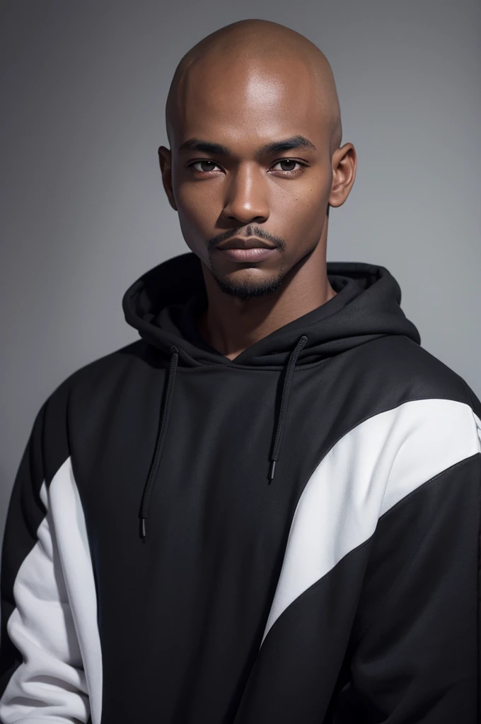 A man with black skin, without hair, with a black sweatshirt, 