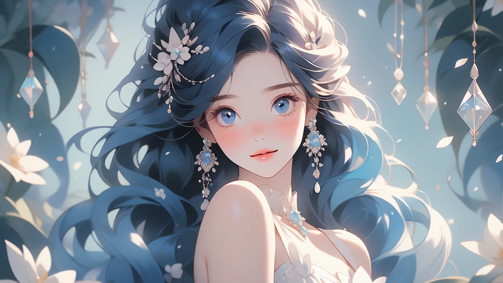 a pretty young woman with flowers and jewels on her dress and head, 1girl, solo, jewelry, flower,  hair, earrings, hair ornament, freckles, hair flower, looking at viewer, long hair, parted lips, bare shoulders,crystalline dress,Marinette, blue_eyes, Marinette Dupain-Cheng, smile, 